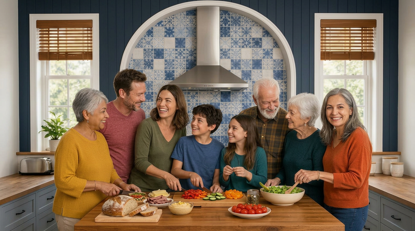 A multigenerational family preparing a meal together